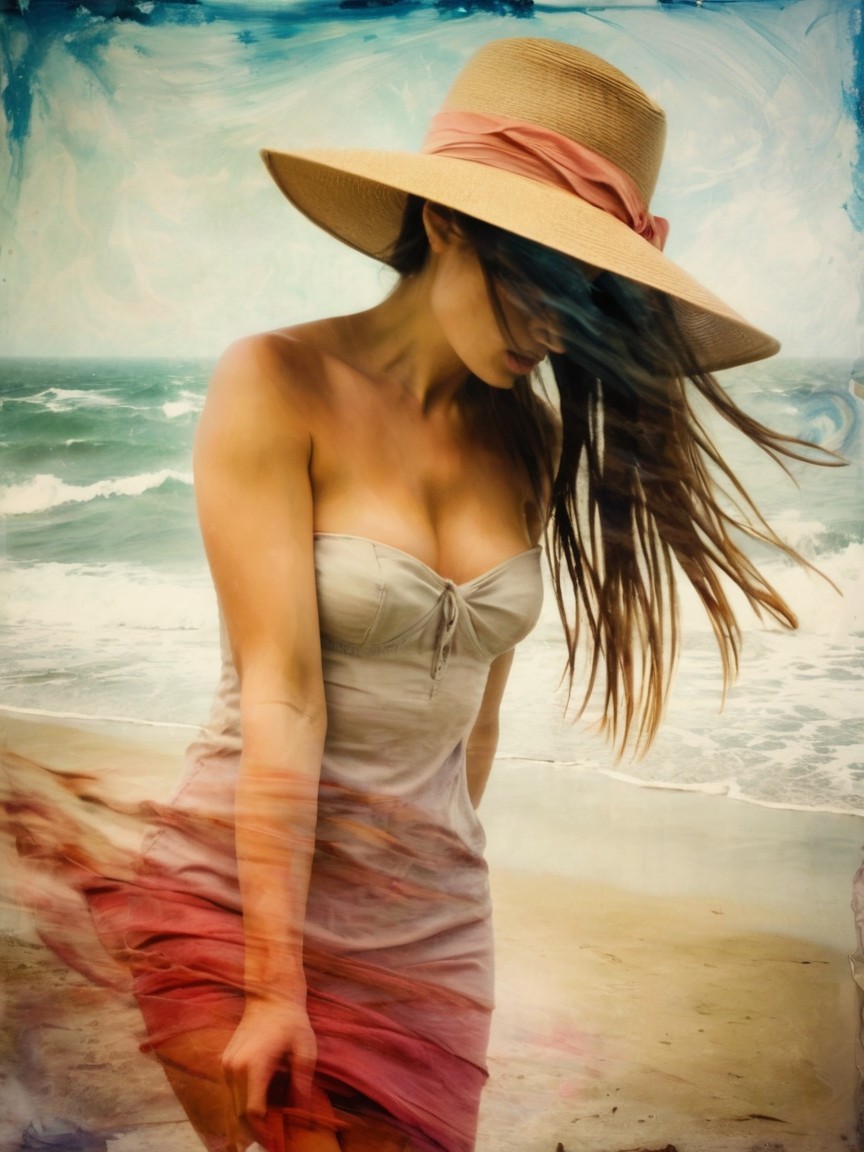 Woman in strapless dress on tranquil beach setting