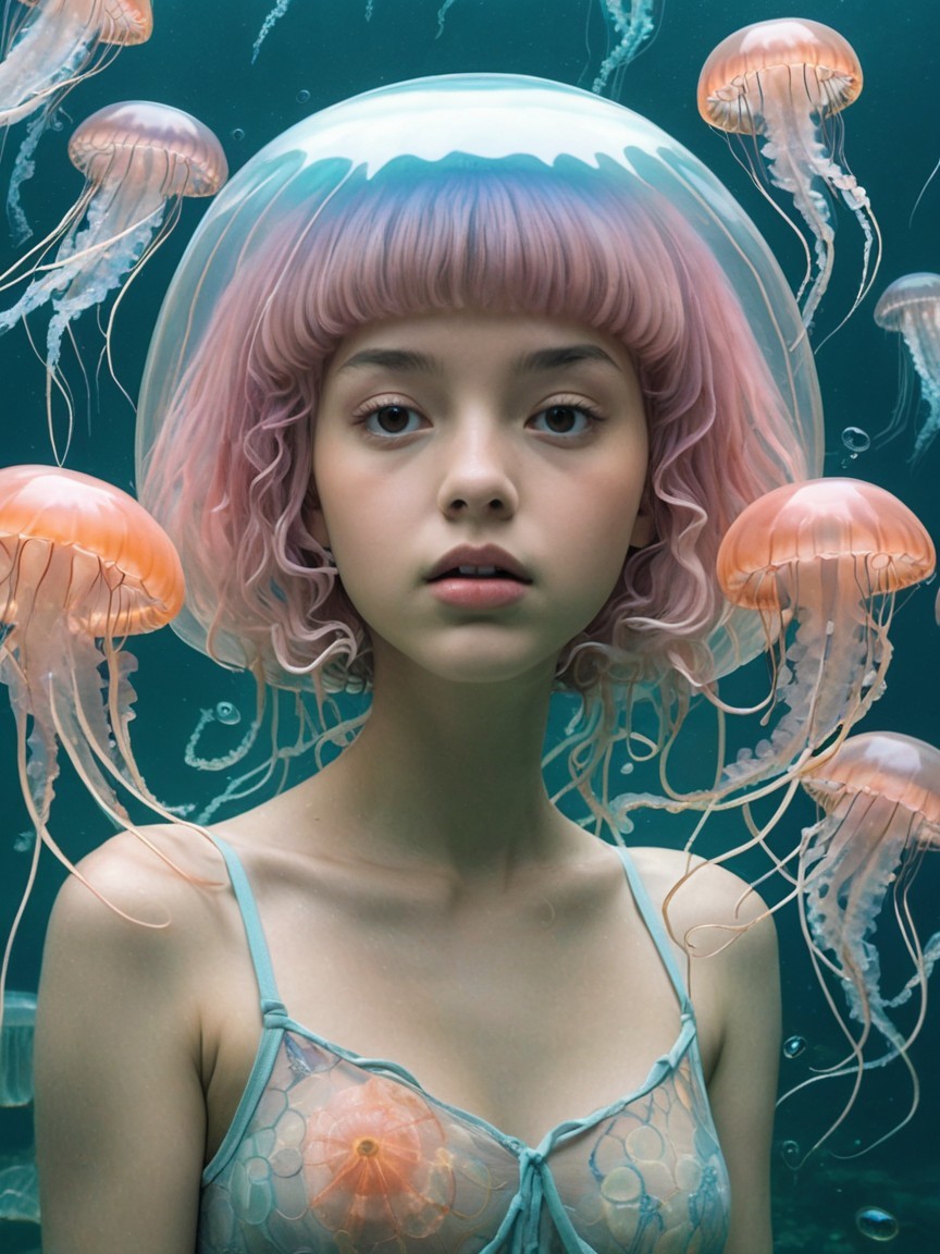 Surreal Underwater Scene with Jellyfish and Girl