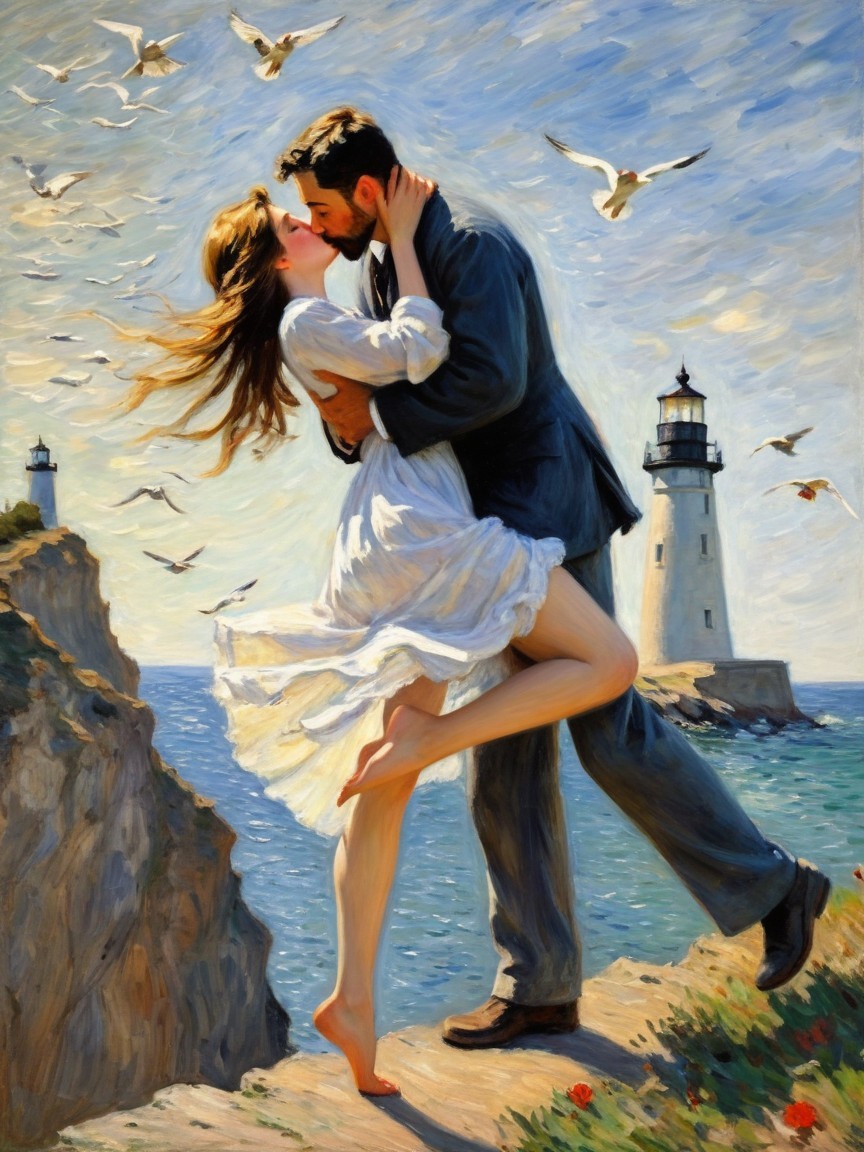 Oil Painting of Romantic Embrace by Ocean Cliffs