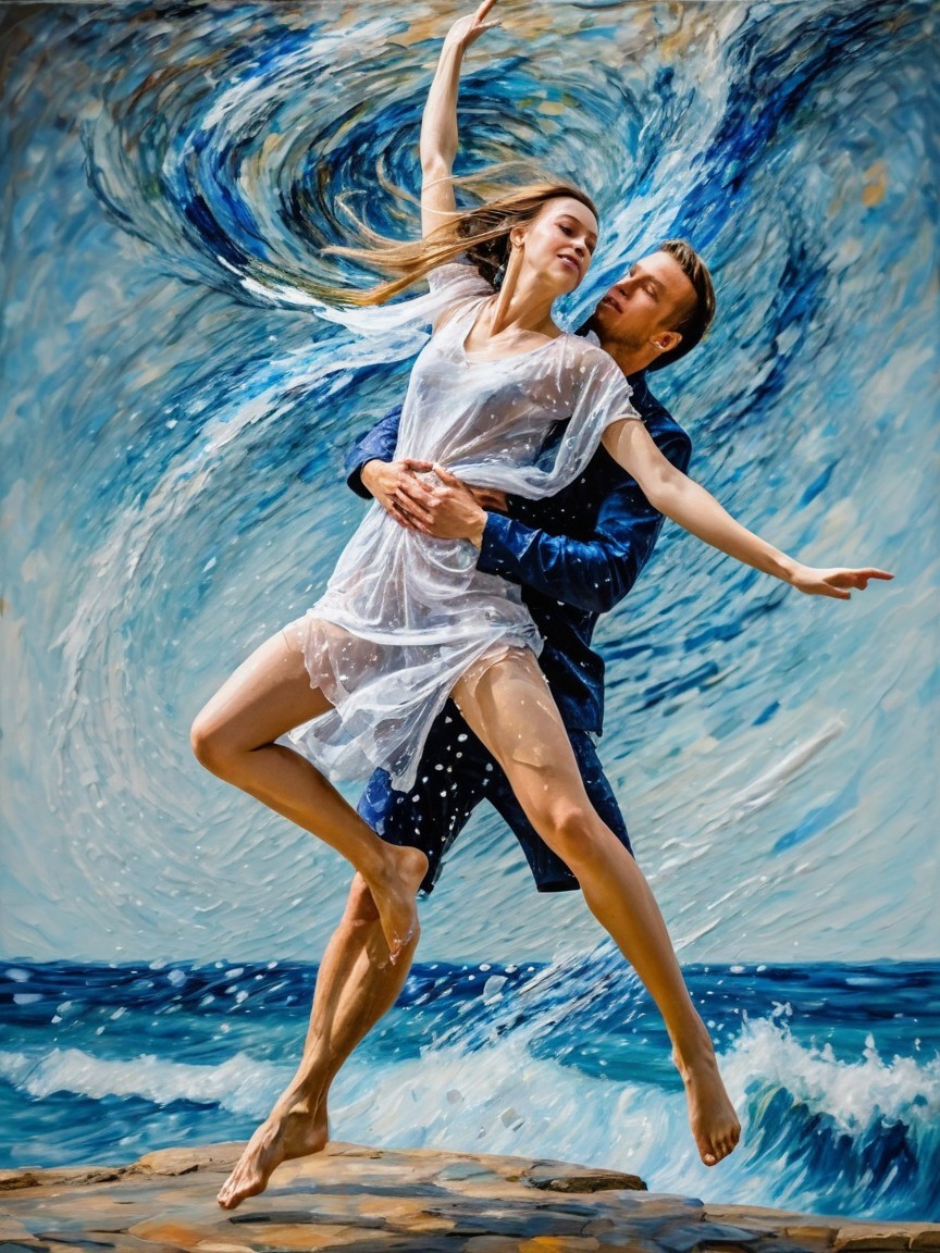 Impressionistic Oil Painting of Dancing Couple by Ocean