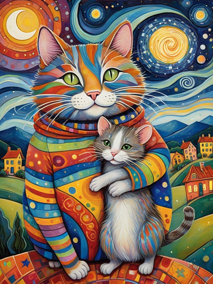 Colorful Cat Illustration with Starry Night Background