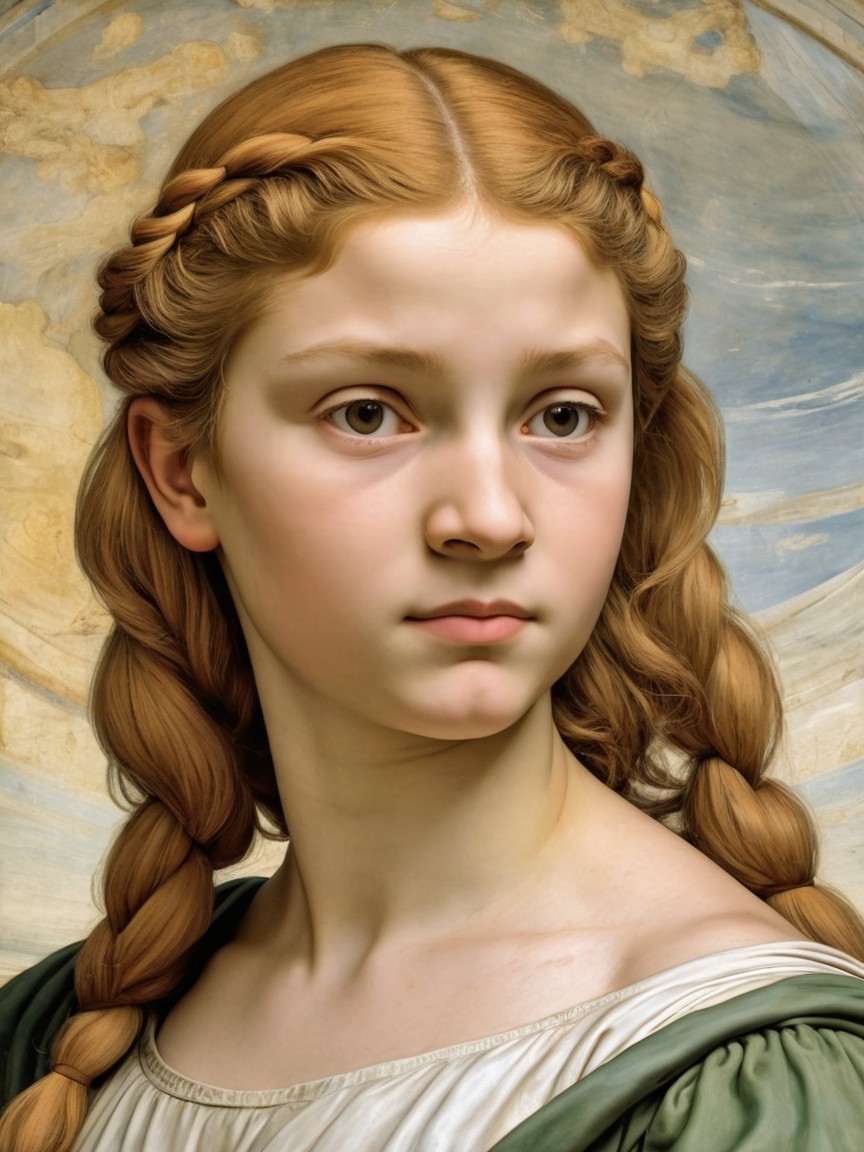 Young girl with braided auburn hair in soft lighting