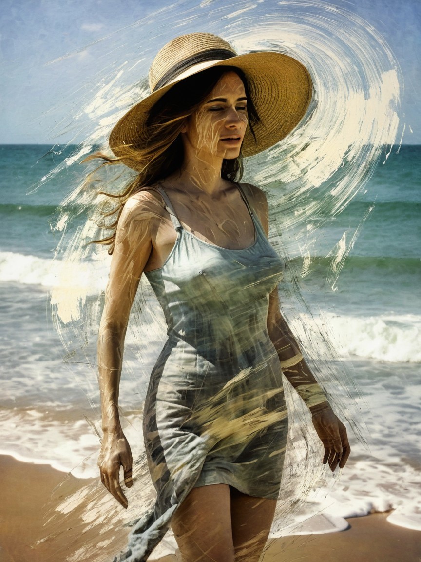 Woman in light dress walking on a sunlit beach