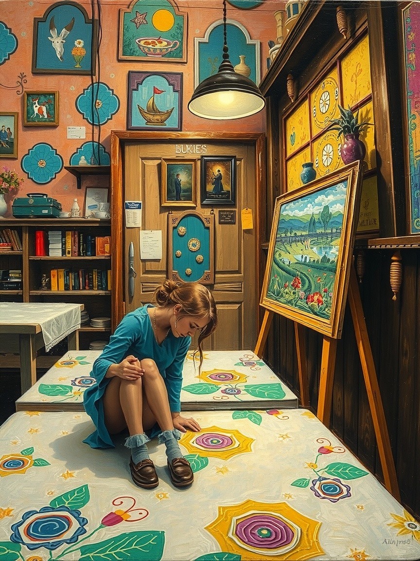 Young Woman in Blue Surrounded by Colorful Decor