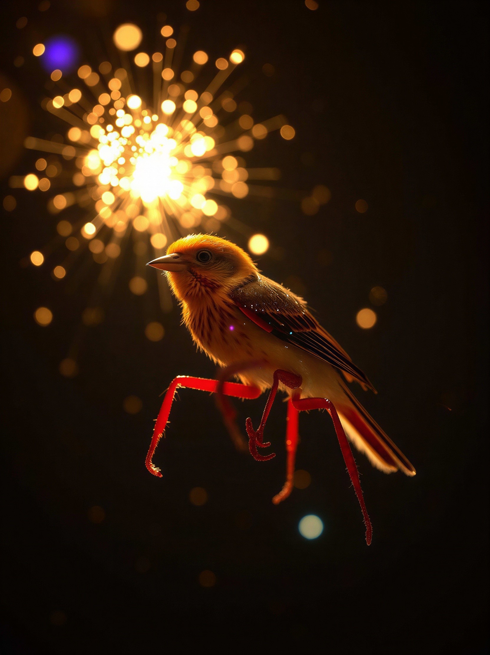 Fluffy Bird with Colorful Feathers Against Fireworks Background