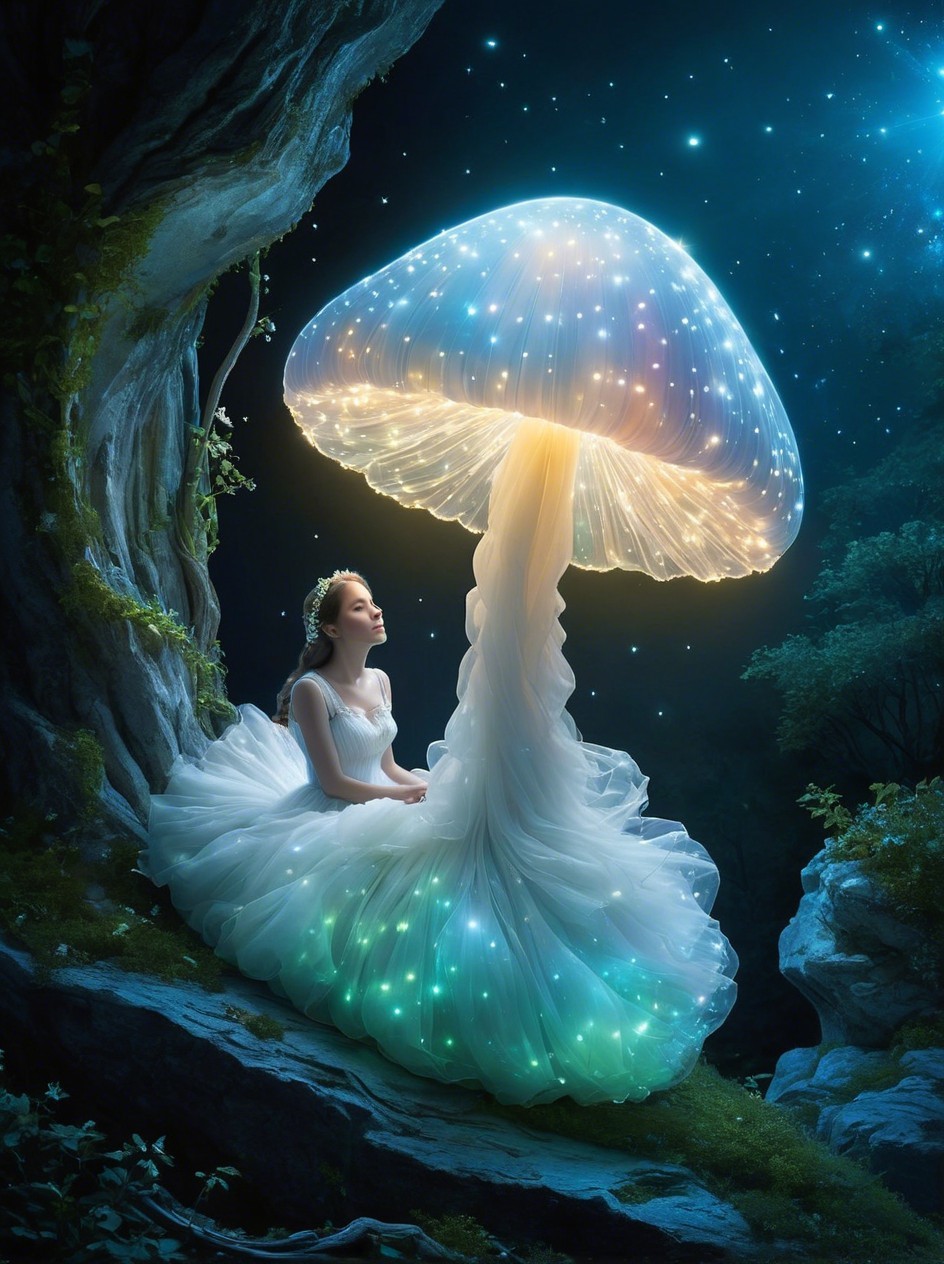 Young woman in white dress with glowing mushroom in forest