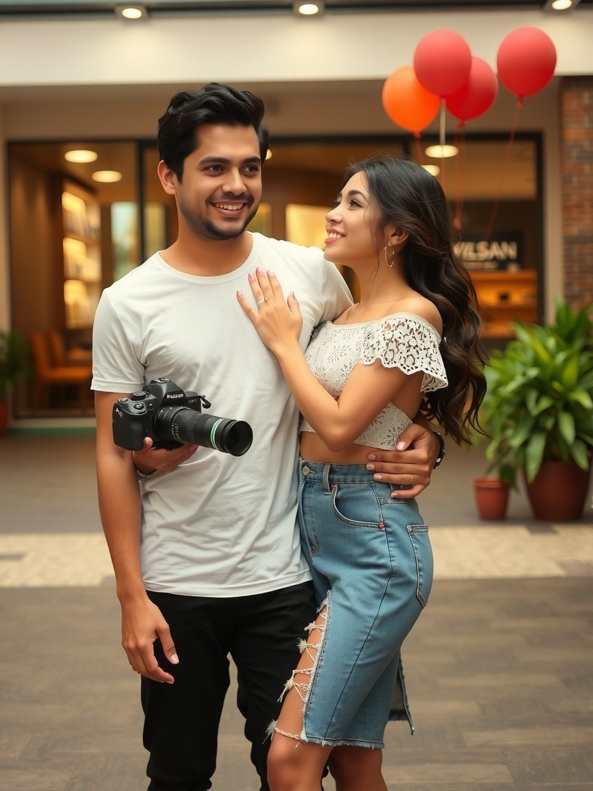 Young couple smiling in modern outdoor setting with balloons