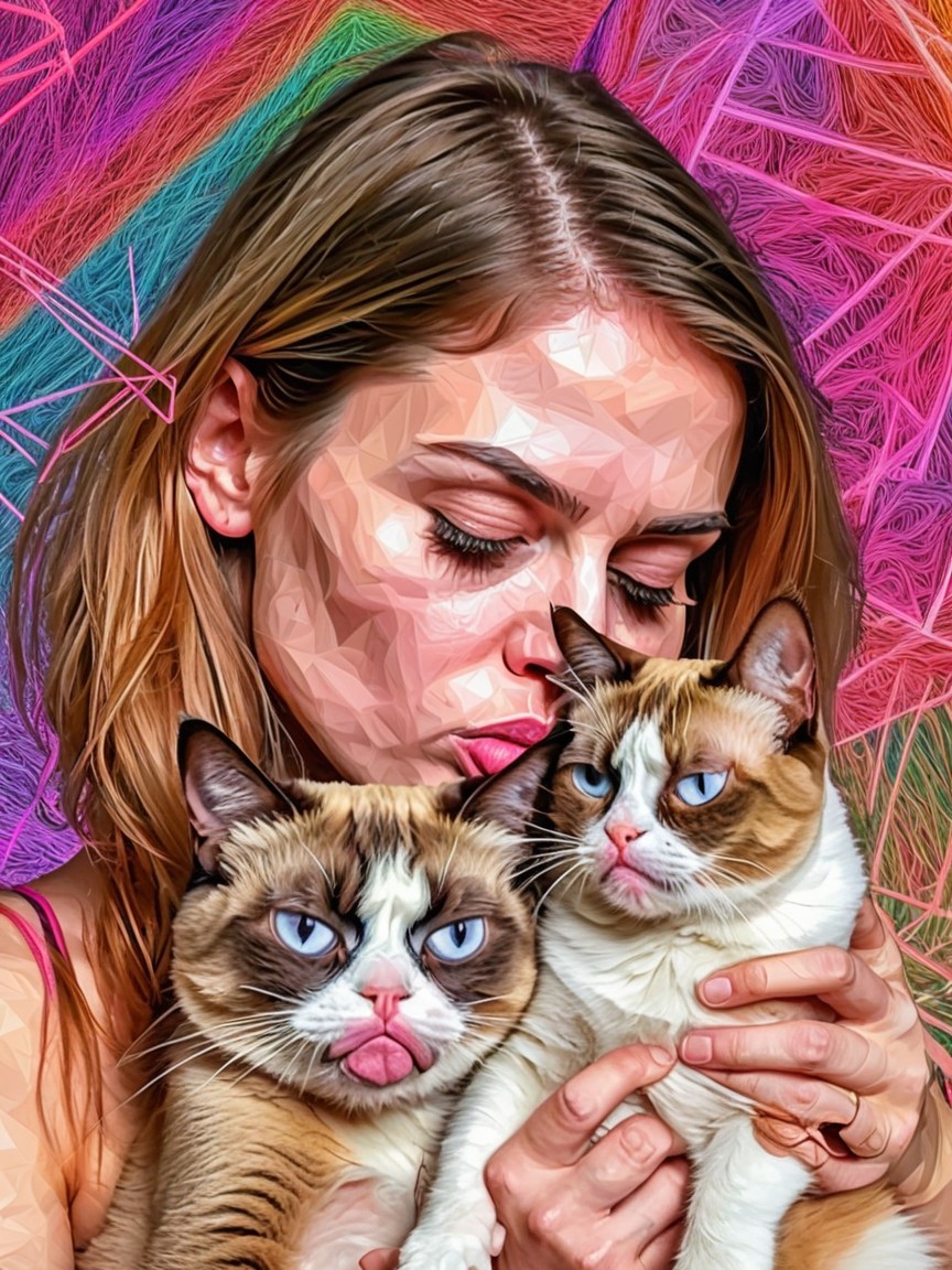 Woman with two playful cats in vibrant setting