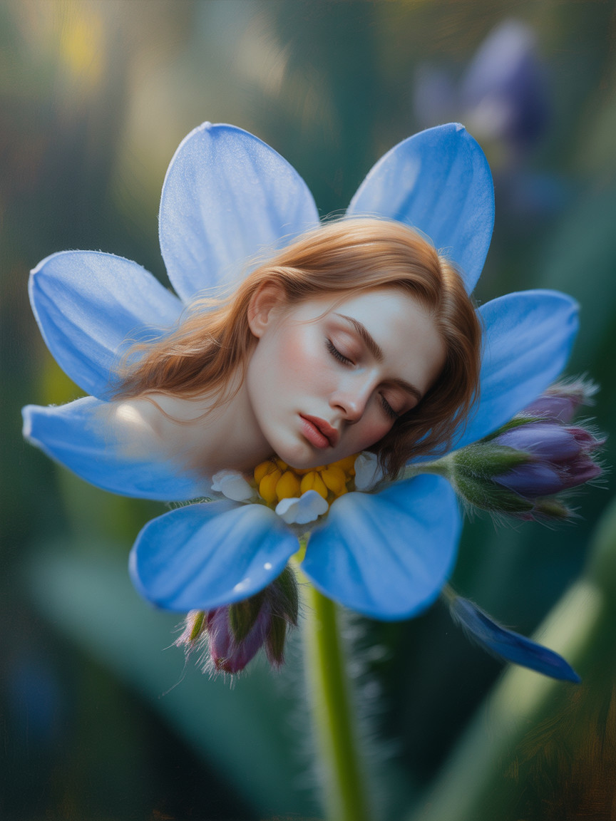 Surreal Scene of Flower with Female Face Inside