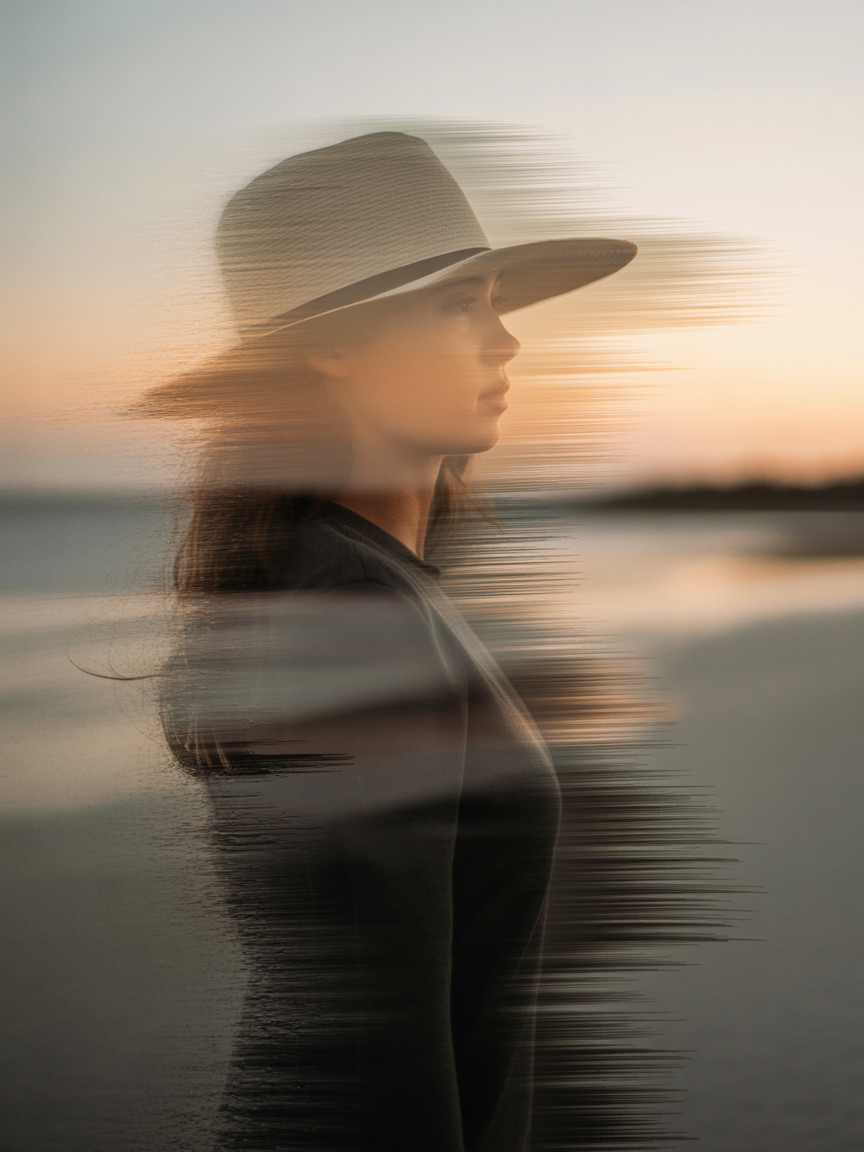 Serene beach sunset with a young woman in hat