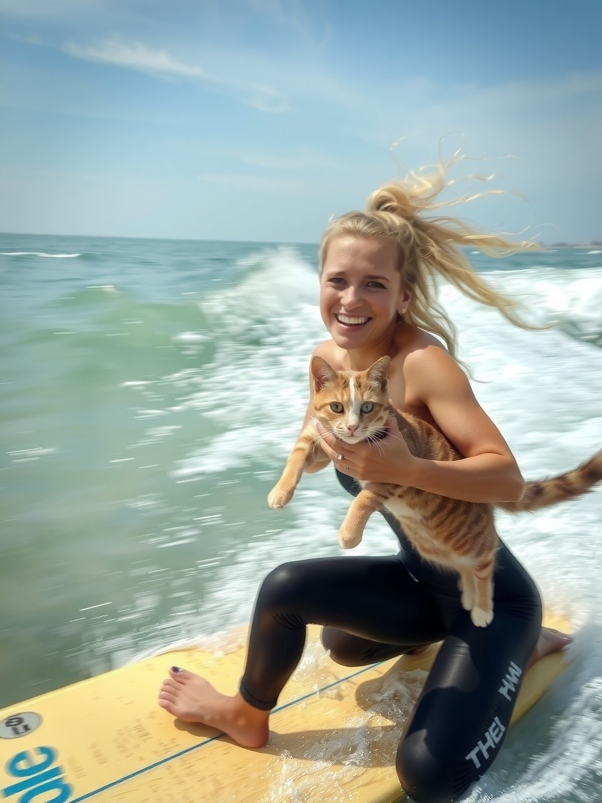 Woman in wetsuit surfing with an orange tabby cat