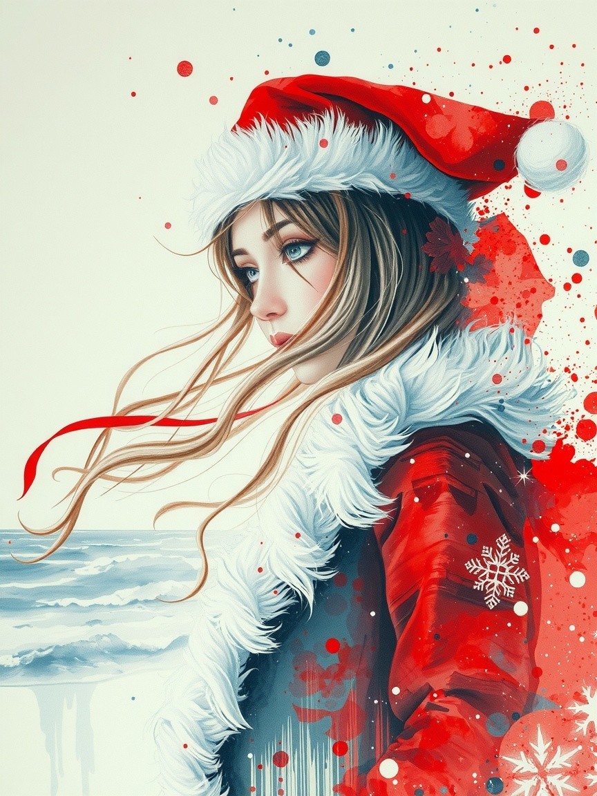 Young Woman in Red Coat Against Snowy Backdrop