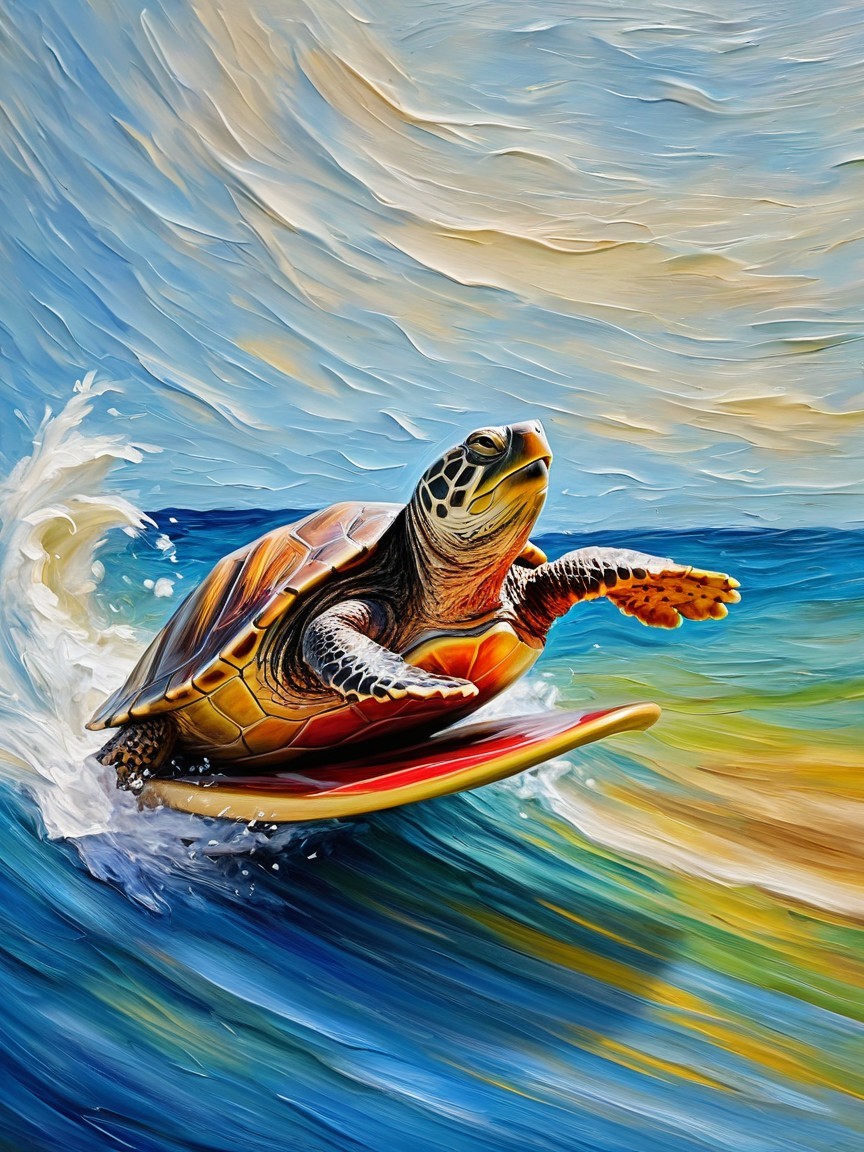 Impressionistic Painting of a Turtle Surfing Waves