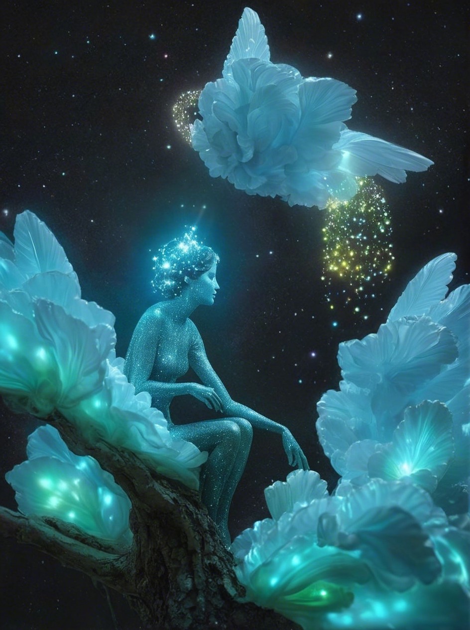 Young girl in cave with glowing toadstools and moss