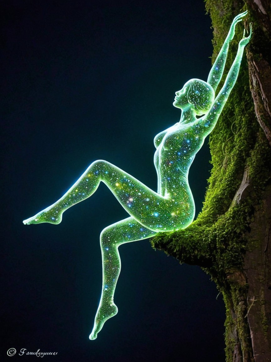 Luminous Neon Green Figure on Mossy Branch in Darkness