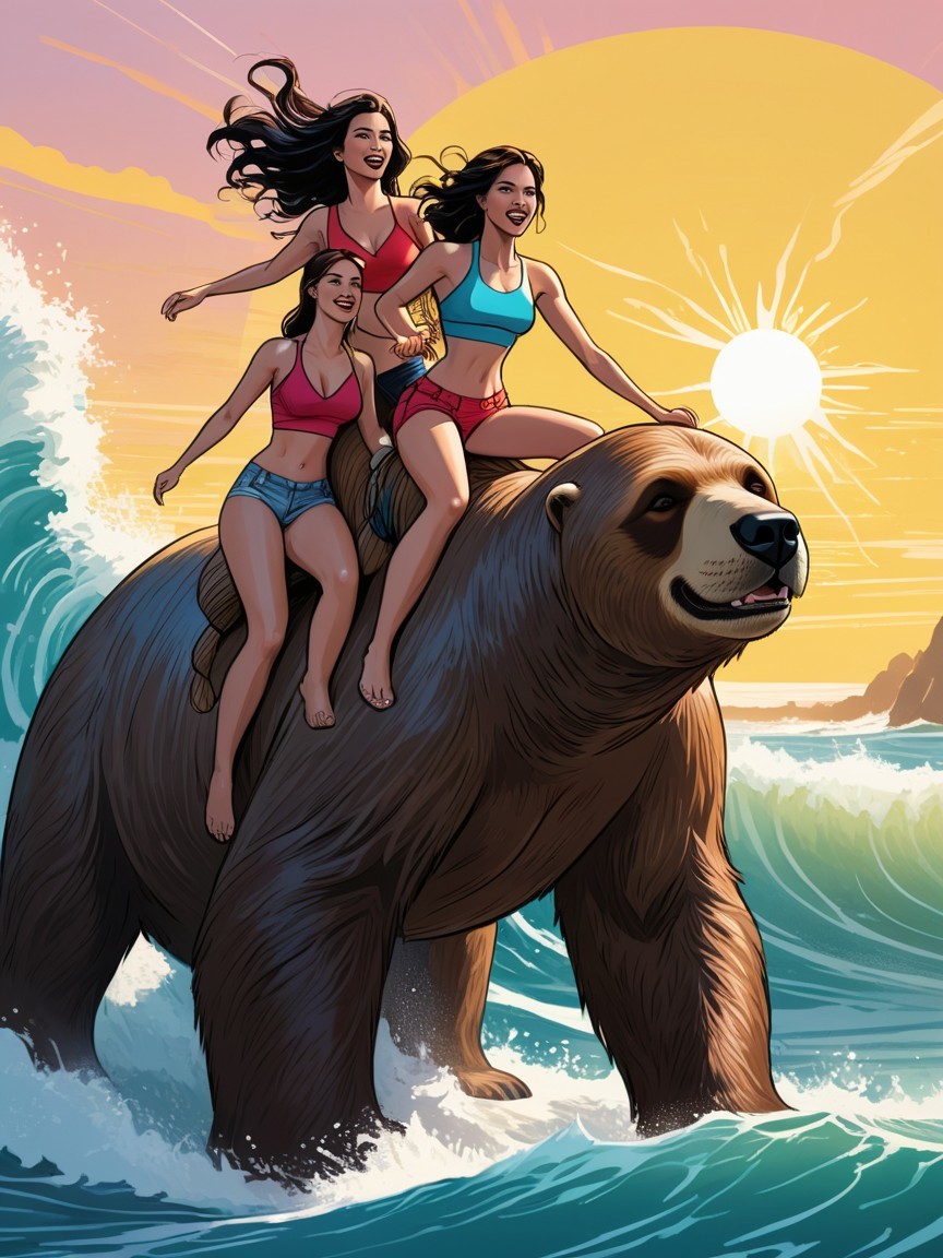 Women Riding Bear on Wave at Sunset Illustration