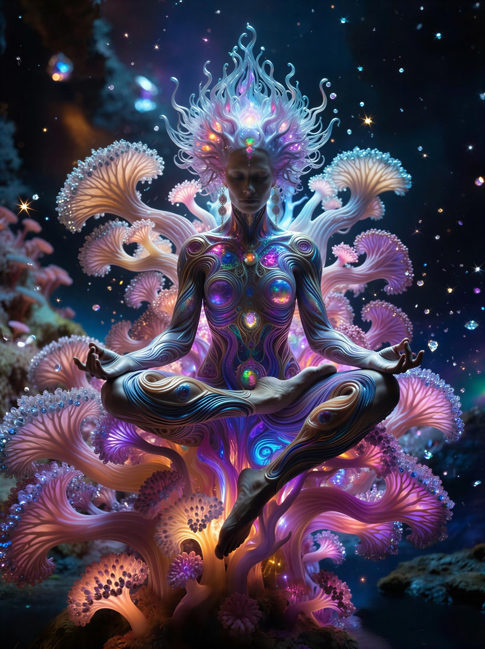 Ethereal Woman in Meditative Pose with Cosmic Elements