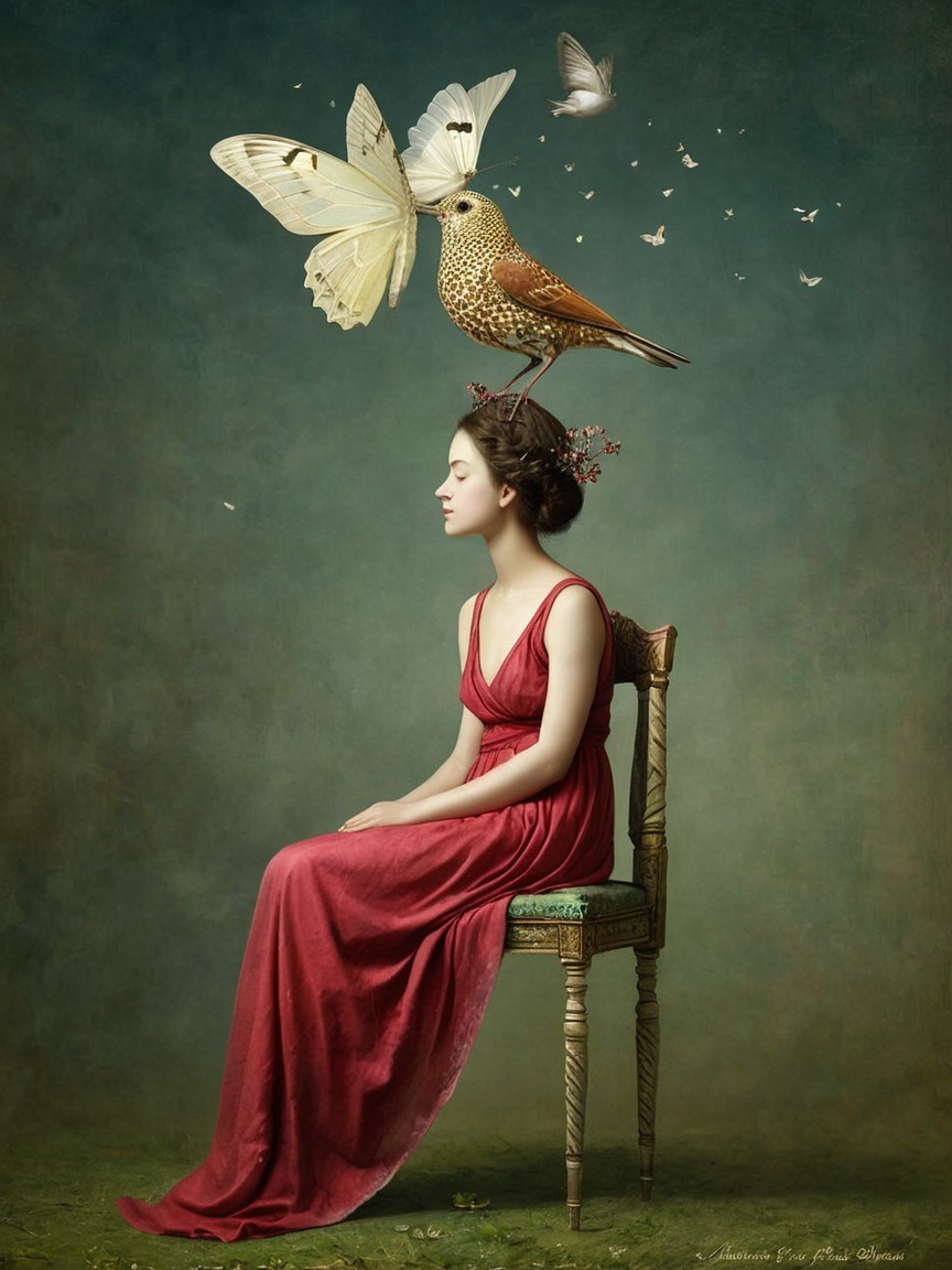 Fairytale Painting of a Woman in Red Gown and Bird