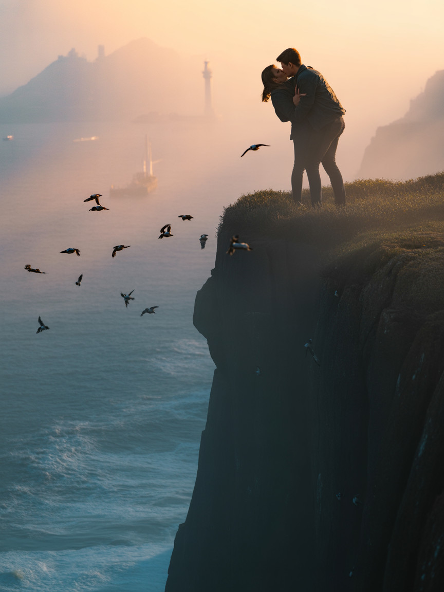 Couple Kissing on Grassy Cliff Overlooking Ocean