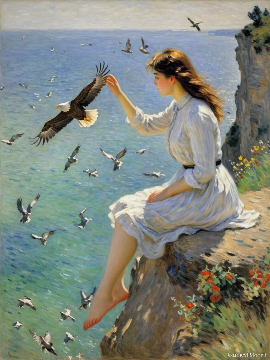 Young Woman Feeding Birds on Seaside Cliff