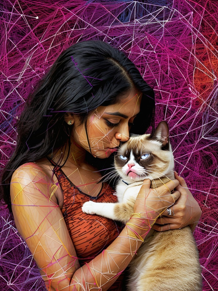 Young woman kisses fluffy cat in colorful background