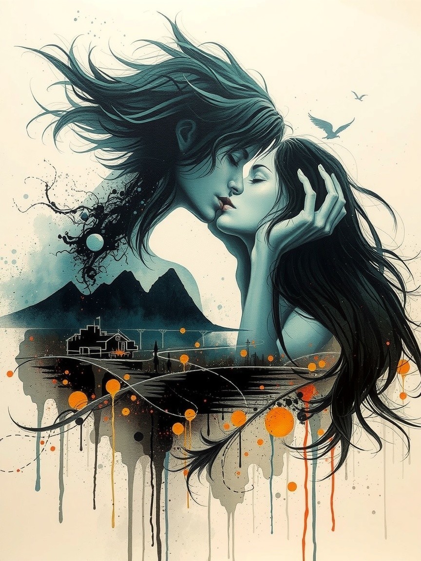 Mixed Media Artwork of Kissing Figures with Landscape