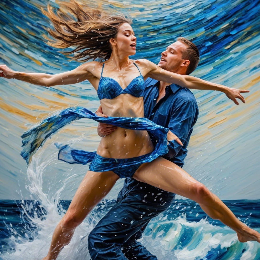 Dynamic Dance Scene on Ocean Waves with Splashing Water