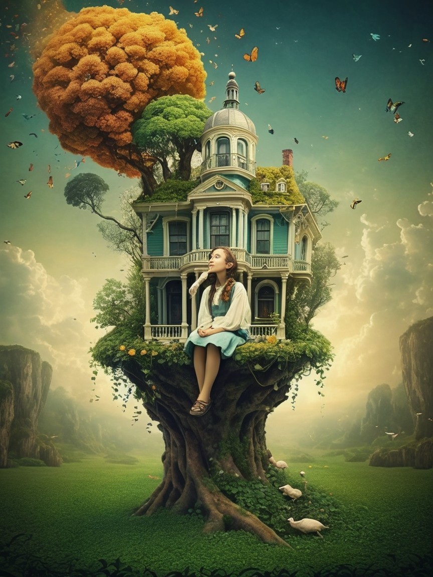 Large tree with roots, house, and sheep in landscape