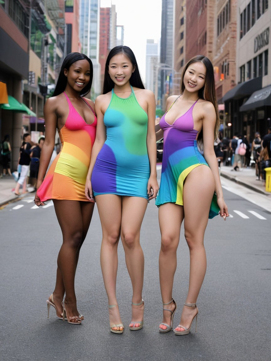 Three Women in Colorful Gradient Dresses in City Street