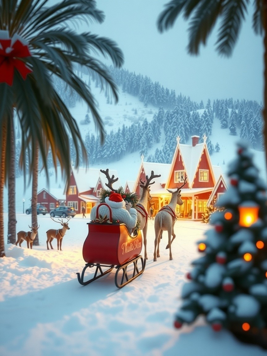 Festive Red Sleigh and Reindeer in Snowy Landscape