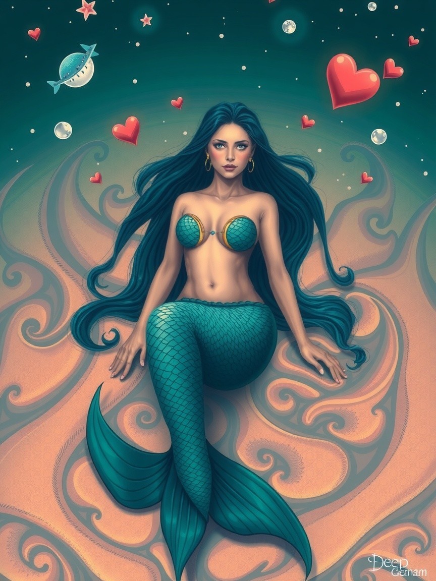 Mermaid in a Cosmic Sea with Stars and Hearts
