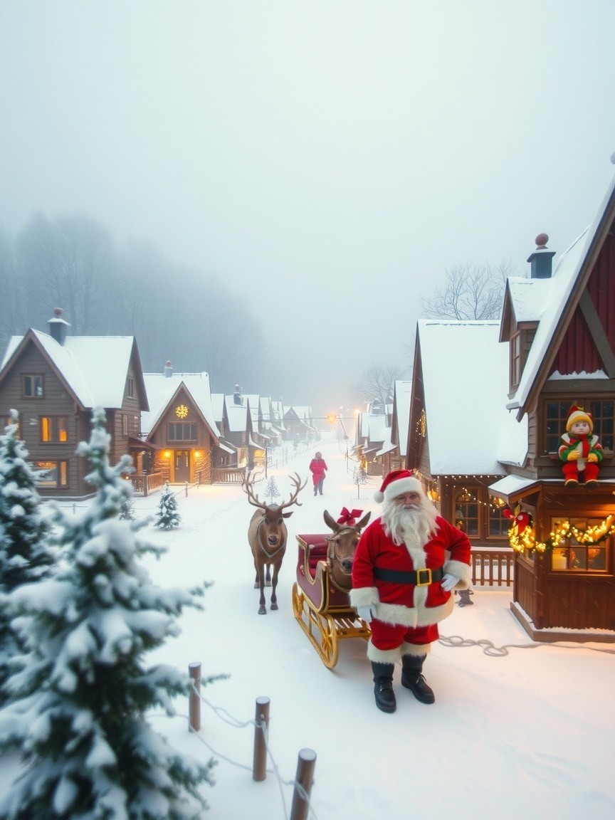 Santa Claus in Red Suit with Sleigh and Reindeer in Village