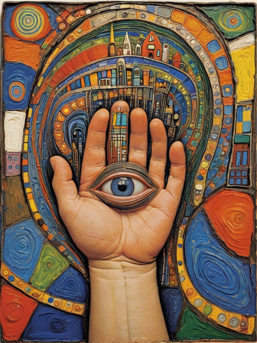 Surrealist Hand with Eye in Colorful Abstract Landscape