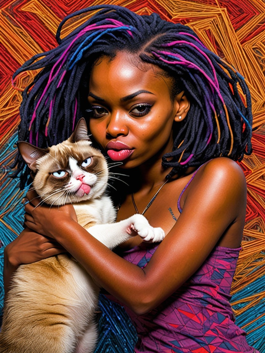 Young woman with multicolored dreadlocks and cat