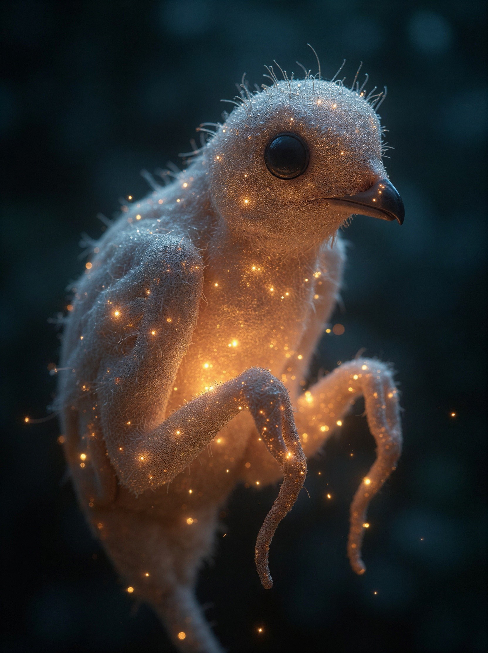 Fluffy Chick with Golden Particles on Dark Background