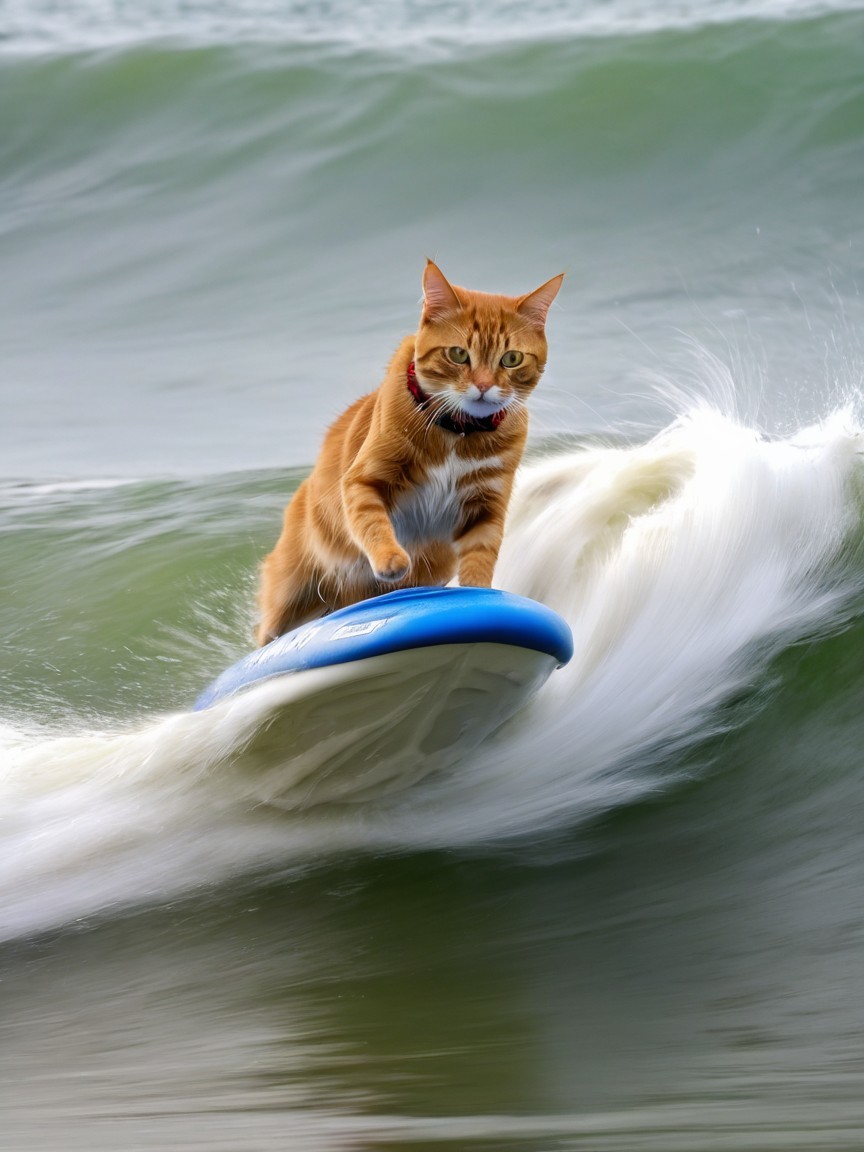 Orange Cat Surfing on Blue Board in Ocean Waves