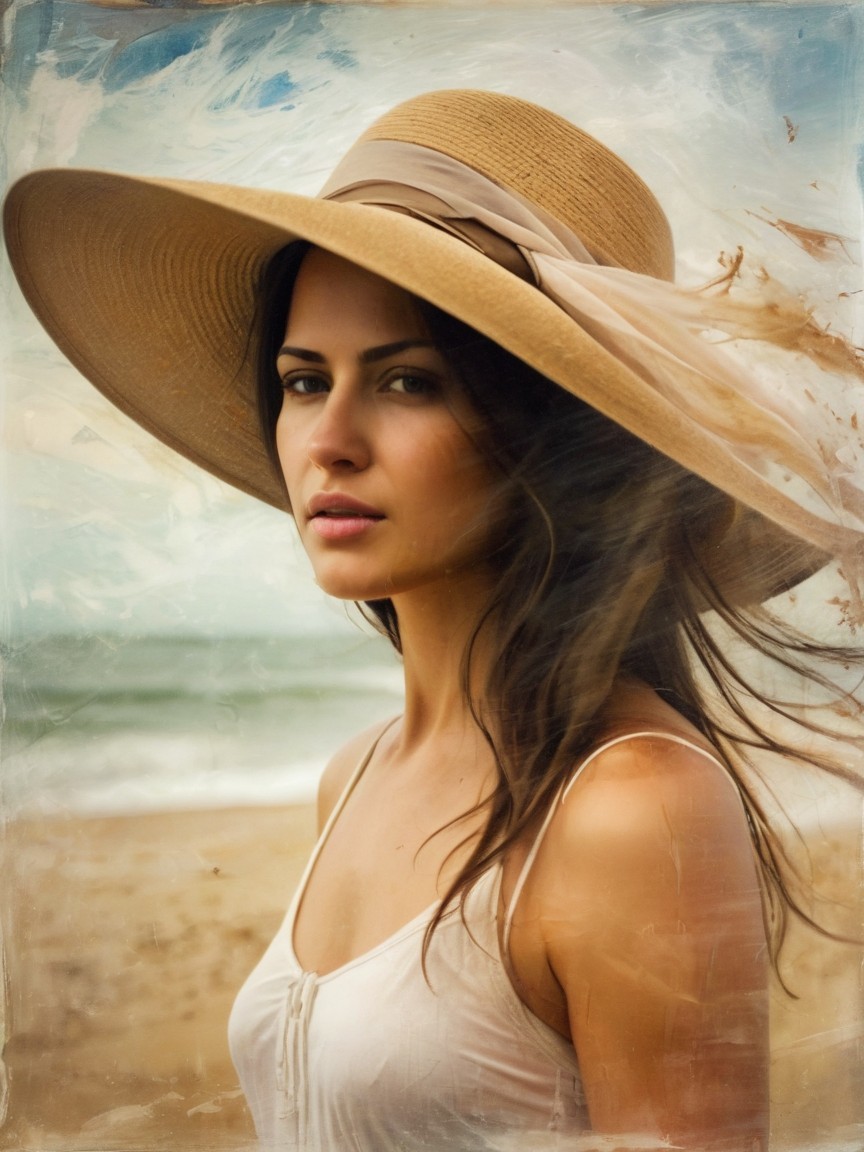 Woman in Straw Hat on Serene Sandy Beach