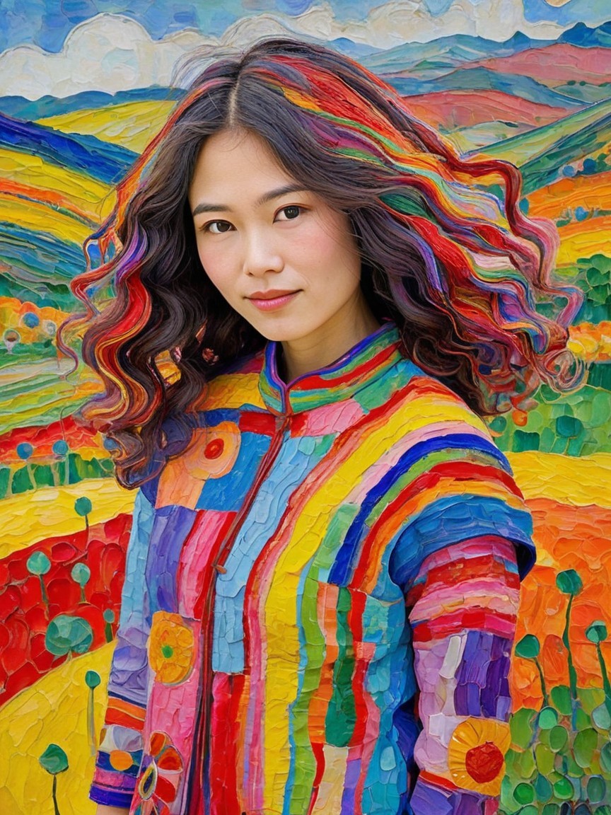 Oil Painting of a Young Woman in a Colorful Landscape