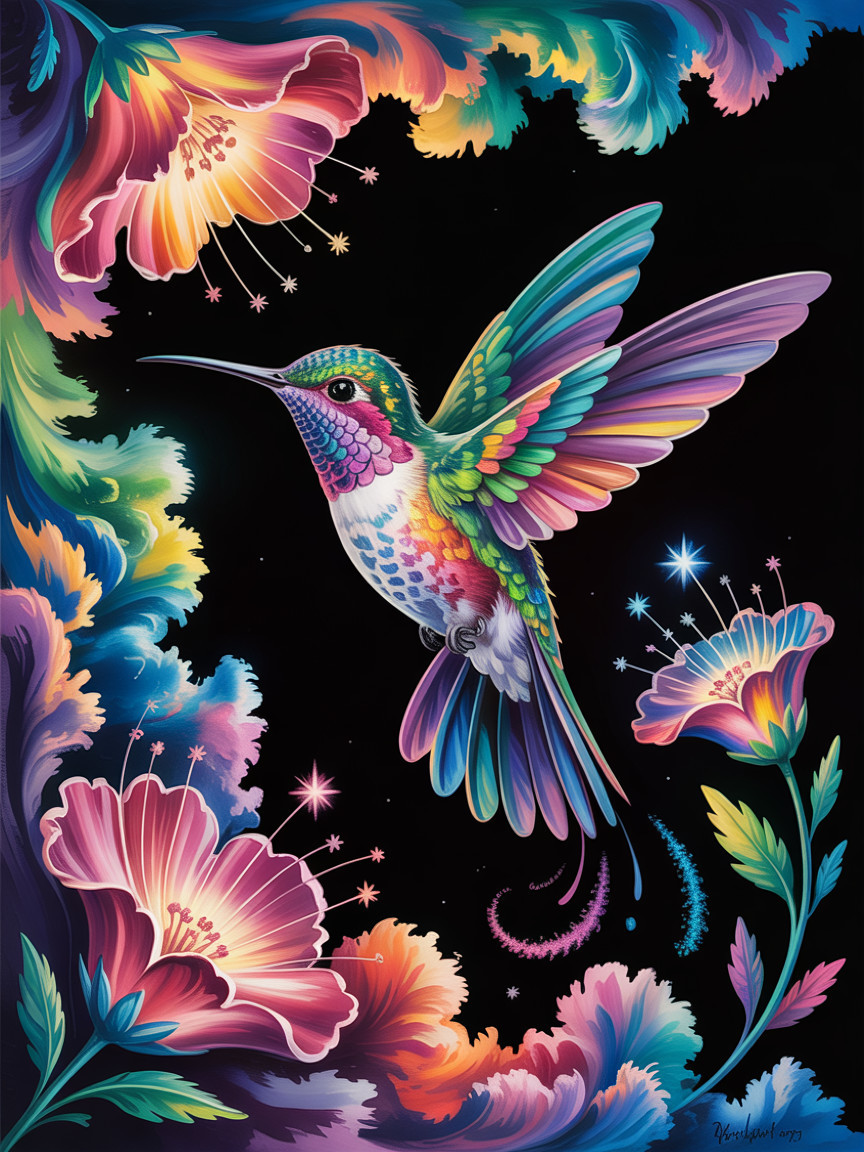 Vibrant Hummingbird in Mid-Flight on Dark Background