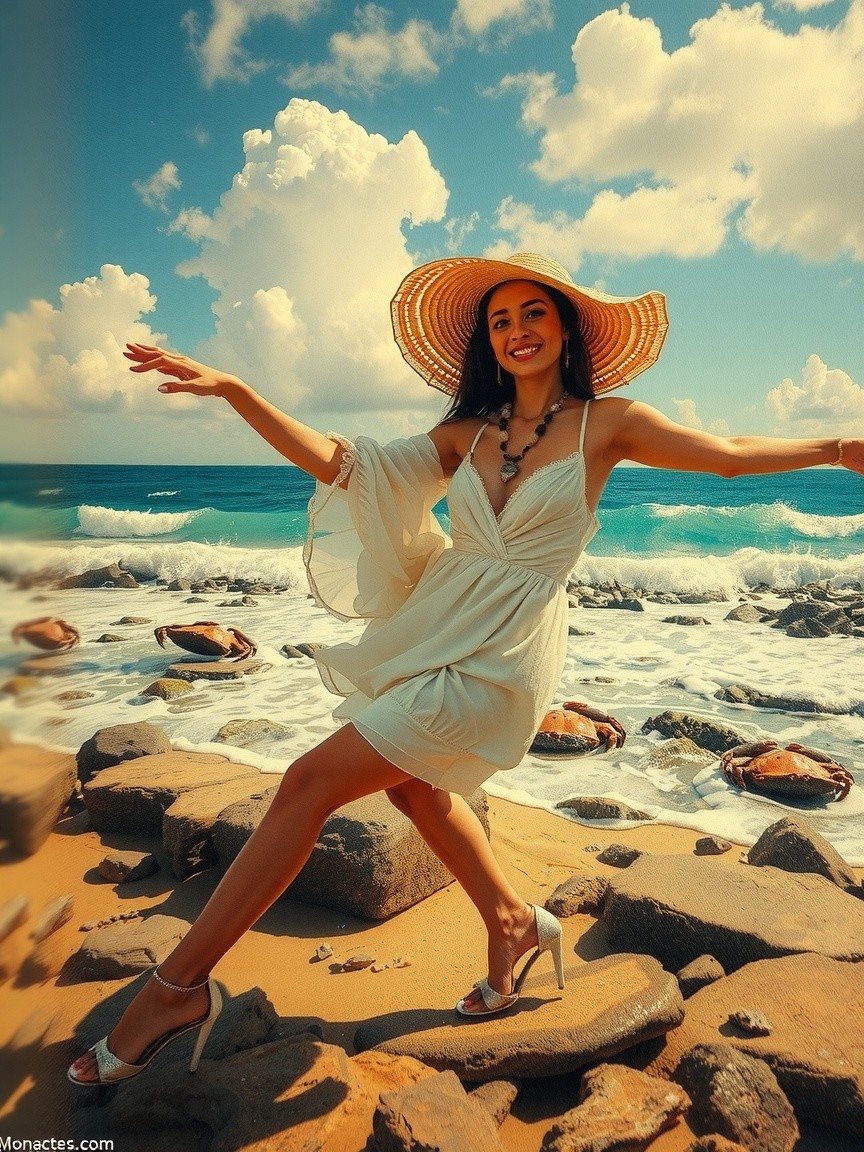 Joyful woman in white dress dances on rocky shore