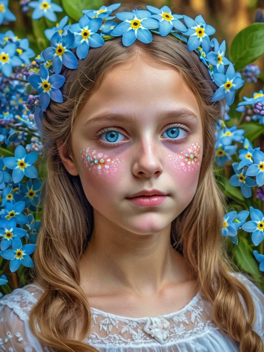 Young girl in floral crown amidst blue blossoms