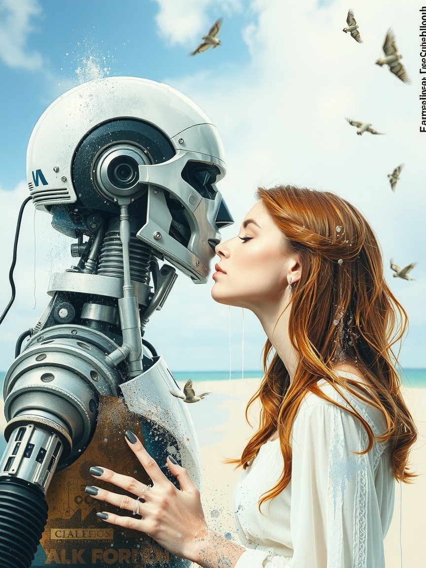 Surreal Beach Scene with Robot and Woman Connection