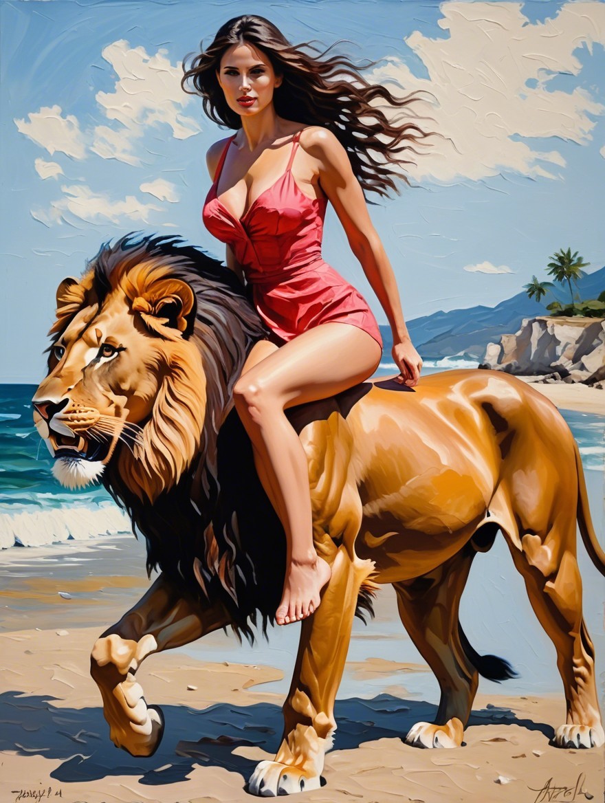 Vibrant painting of a woman on a lion at the beach
