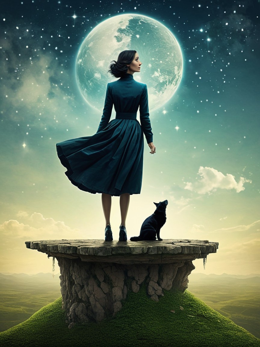 Nighttime Scene with Woman in Teal Dress and Dog