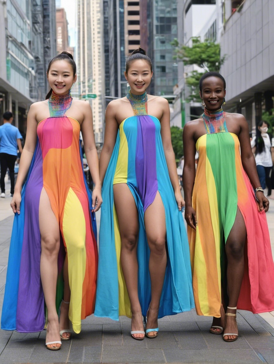 Models in Vibrant Dresses on City Street