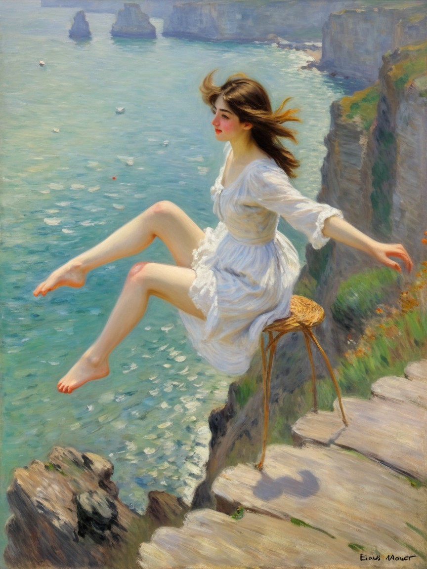 Impressionist Oil Painting of Woman on Ocean Cliff