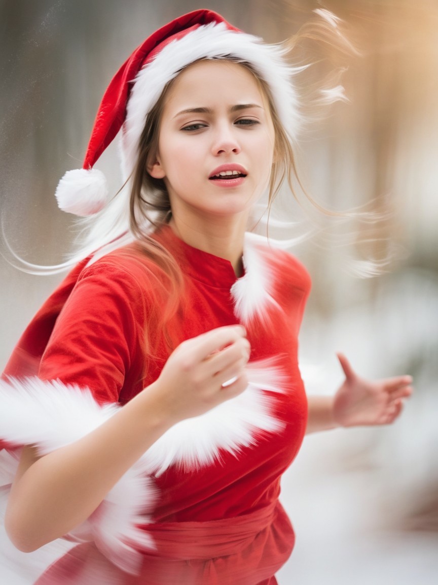 Young Woman in Festive Red Outfit in Snowy Landscape