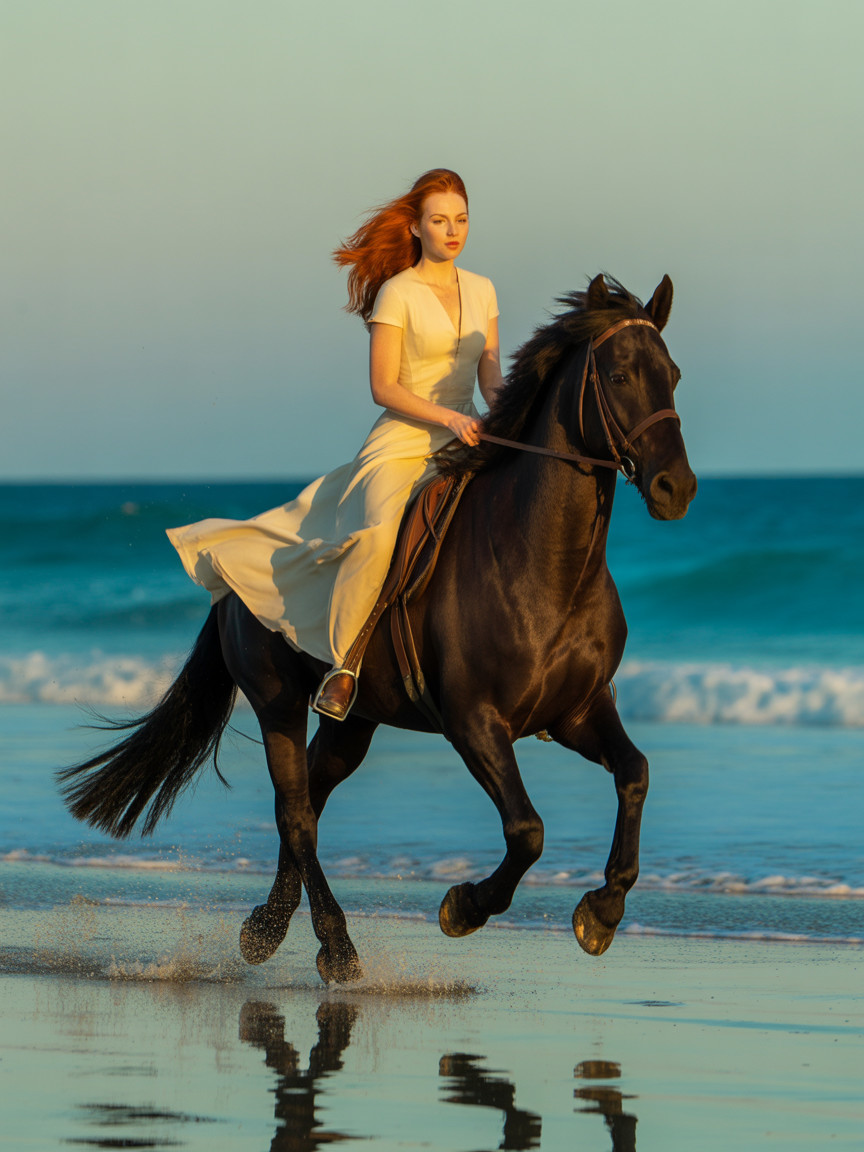 Woman on Black Horse at Beach with Flowing Hair