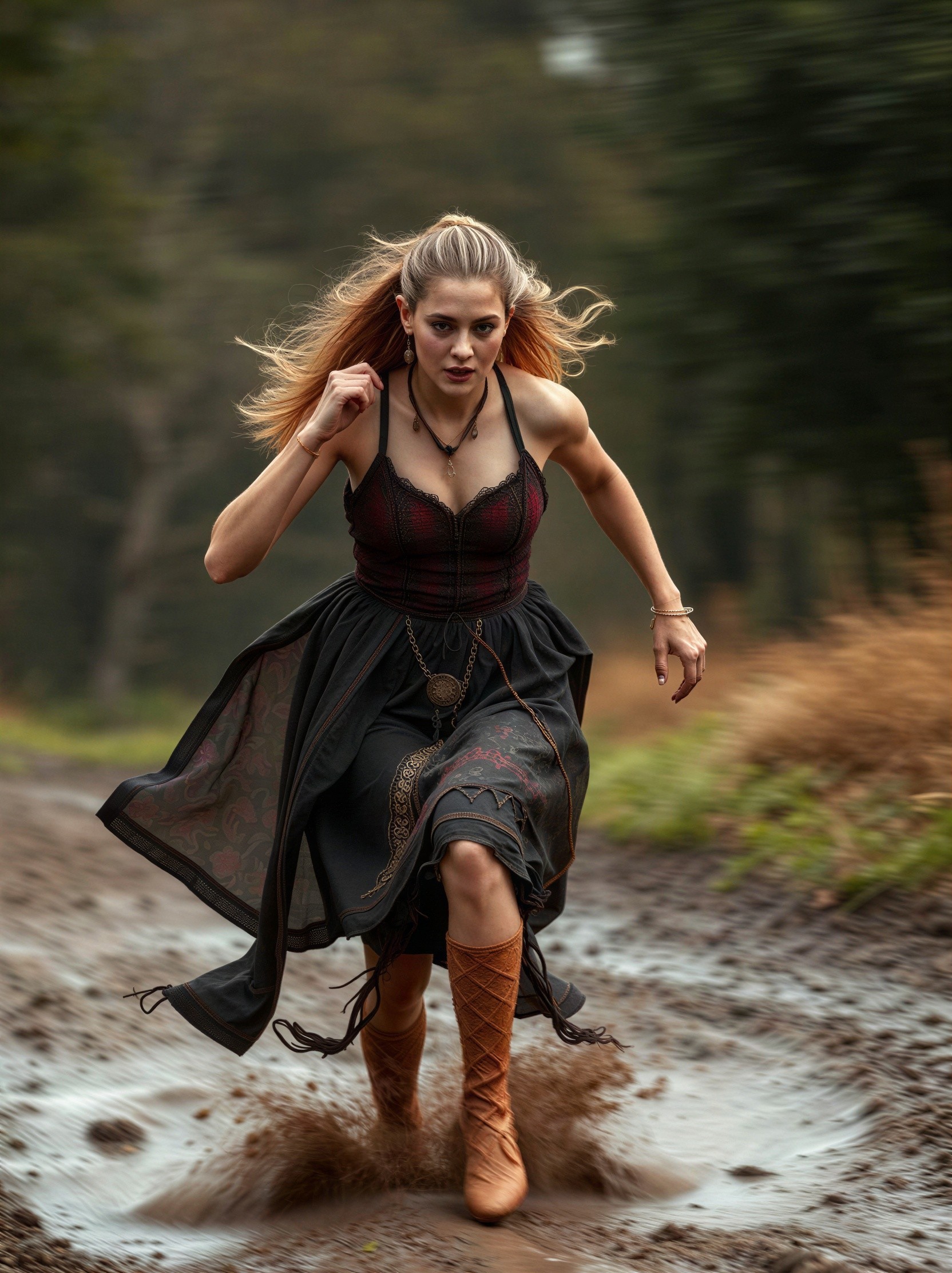 Young woman in red and black peasant dress running through mud