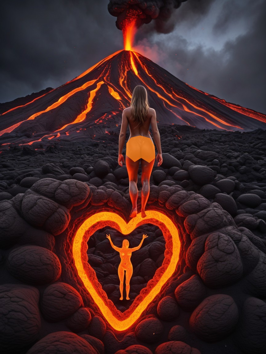 Volcanic Landscape with Erupting Volcano and Lava Heart